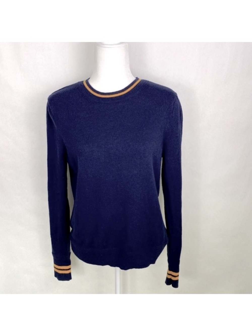 Navy Women's Crewneck Sweater with Contrast Stripe